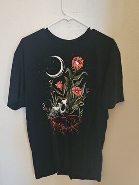 Black Graphic Tee with Floral Moon Design